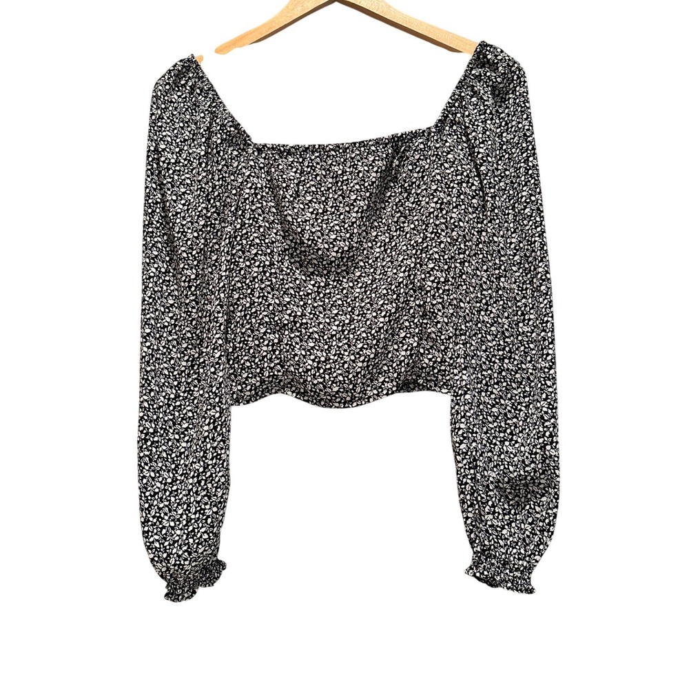 Abercrombie & Fitch Black Printed Smock Cropped Blouse Top XS Peasant Boho